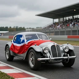 polish flag draped over a early 2 0 0 0 s sports car on a racetrack during an overcast day, realistic 4 k octane beautifully detailed render, 4 k post - processing, highly detailed, intricate complexity, epic composition, magical atmosphere, cinematic lighting, masterpiece, ultra hd