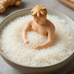 ginger man bathing in a large bowl of white rice
