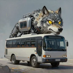 Wolfbus - transformer hybrid of bus and wolf, having cabin in form of wolf head with big yellow eyes looking at us full of rage and long mechanical body - it is bus with wheels and windows, mechanical form of life, oil on canvas, fantasy, magic, dream, perfect composition, symmetric, digital painting, concept art, smooth, sharp focus, illustration, artstation trending, octane render, unreal engine, anime style, cyberpunk