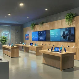 ( ( ( ( ( digital painting by studio ghibli hayao miyazaki ) ) ) ) ). 2 0 3 0 s flagship retail interior. experience. telco digital screens phones. wood, polished concrete, neon, ceiling spots. plants. samsung microsoft apple nike adidas tesla muted colors!!!!!