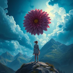 closeup perspective, giant dahlia flower over the head, girl standing on mountain, surreal photography, blue storm clouds, dramatic light, impressionist painting, digital painting, artstation, simon stalenhag