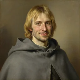 a man in his 4 0 s with blonde hair and hazel eyes and a friendly expression and scars. he is wearing a tattered grey cloak. portrait painting by artgerm and greg rutkowski and alphonse mucha.