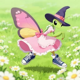butterfly pokemon with black eyes and antennae like a mantis wearing a floe pink maid dress floating over a field of daisies wearing converse skater shoes and a witch hat, concept art by brent hollowell artstation