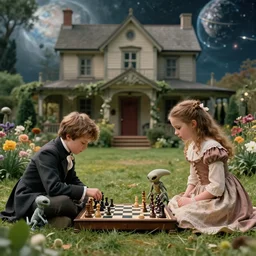 sharp, highly detailed, 2048k film, 1400mm film still from a sci fi blockbuster color movie made in 2019, set in 1860, of a boy and a girl playing chess with their small pet humanoid alien creature, in the garden of a house on an alien planet, are all wearing 1860s era clothes, cinematic lighting, in focus, 700mm f/1.4L lens