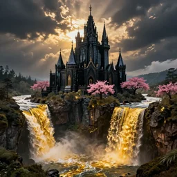 ornate obsidian castle on high cliffs with rivers and waterfalls of glowing melted gold. one pink blossom tree. by tom bagshw and by ralph bakshin. power and beauity.