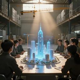 group of people in walled warehouse, looking at hologram of futuristic city on a table, cinematic concept, godrays, golden hour, natural sunlight, 4 k, clear details, tabletop model buildings, center model buildings, hologram center, crane shot, crane shot, crane shot