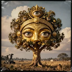 golden hour, 1 9 1 2 wwi, realistic tree made of! eyes, thick clouds behind, 3 5 mm, colorized tintype photo, dystopian environment, intricate, highly detailed, centered headdress, digital painting, artstation, concept, smooth, sharp focus, illustration, artgerm