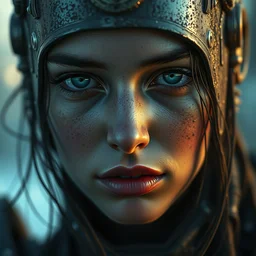 a metal - covered girl beautiful face, close up peter mohrbacher, featured on artstation, octane render, cinematic, rugged, intricate, 8 k