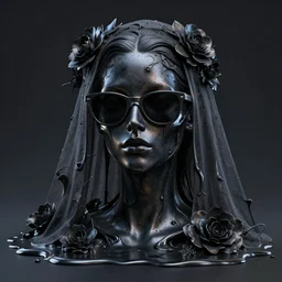a head made out of melting metal, dark palette, it is wearing sunglasses and and a veil, there are flowers all around it, black paint melting, vogue cover style, demonic style, smooth fractal style, ethereal fantasy style, 3 d perfect render style, horror style, succubus style, corpse bride style, 3 d perfect render style
