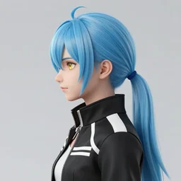 side profile of rimuru tempest with sky blue hair, ponytail, gold eyes, black jacket with white stripes and a high collar | highly detailed, roman city | professional digital art, concept art, award - winning photography, cinematic, wlop | art by pixiv art, ilya kuvshinov, greg rutkowski, yoshitaka amano