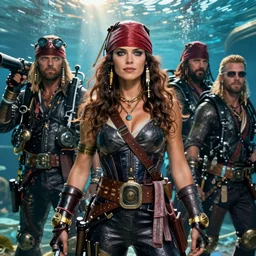 detailed ultrarealistic photography front medium shot of waterworld, pirate mad max, postapocalyptic, scifi cyberpunk heroic scubadiver, warrior lucy lawless girl, leyendecker, norman rockwell, greg rutkowski, moebius, artstation cinematic, vray game of thrones, lord of the rings