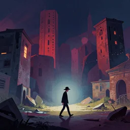 editorial illustration by Karolis Strautniekas and Mads Berg, colorful, lonely lost city,a single mad in a hat walking, fine texture,detailed, matte colors,film noir, dramatic lighting, dynamic composition,moody, vivid,voumetric