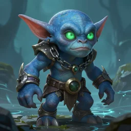 a highly detailed goblin with blue skin and green eyes that glow, like magic the gathering, goblin chainwalker, with water in the background, digital art, by christopher rush