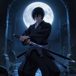 Albedo Overlord in samurai pose holding katana | Somber moon | wet Dungeon Chamber | Big Moon at Night | strong blue rimlit | visual-key | anime illustration | highly detailed