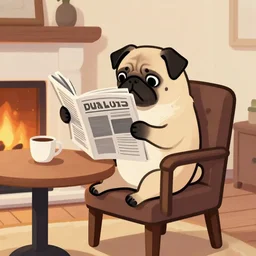illustration of a pug sitting on a chair with a table, reading the newspaper, there is a cup on the table in front of a fireplace, digital art, artstation trend