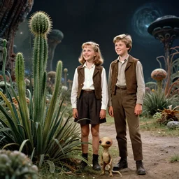 detailed, sharp, a girl and a boy standing next to some strange wild alien plants, looking happy, wearing 3140s era clothes, their small pet tiny alien creature is standing nearby, in a park on a strange alien planet, extremely highly detailed, in focus faces, 70mm still from a classic period sci fi color blockbuster movie, 4k, 35mm macro lens, high quality lighting, sharp focus