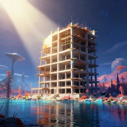 unfinished building by alvar aalto, sunlight otherworldly atlantis lightpaint retro infrared tron thermal imaging futuristic galactic studio ghibli lake, archdaily, wallpaper, highly detailed, trending on artstation.