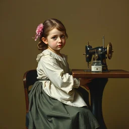 a little girl sitting at a sewing machine in jan vermeer style, fine art, oil paint, muted olive background, highly detailed