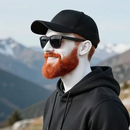 red bearded engineer with sunglasses and black cap and hoody, mountain, smiley profile, white skin, centred, high detailed, ultra hd