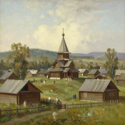 the small wooden villages of siberia, russia with a wooden orthodox church in the middle, on mass in the style of hudson river school of art, oil on canvas