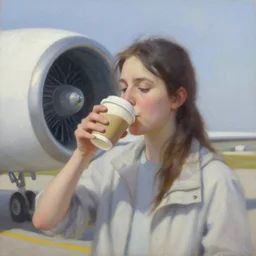 oil painting of a plane drinking a coffee