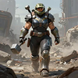 a beefy bulky woman body builder warrior walking in a cyberpunk wasteland facing the camera, mjolnir armor from halo infinite without a helmet, intricate, female face features, 8K, octane render, Digital painting, concept art, illustration, sharp focus, centered, good value control, realistic shading, rational painting, rubber undersuit