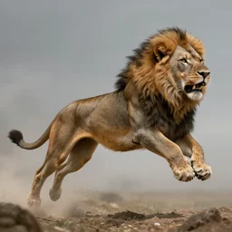 a mythical creature which is a mix of a wolf and a lion, leaping up to attack