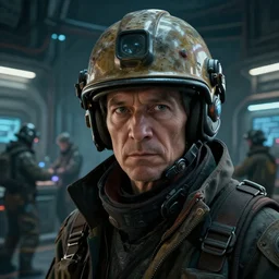 highly detailed closeup portrait of a wise cyberpunk spacecraft engineer with construction helmet at the spaceship docks, engineers working at the background, cyberpunk, moody, luminescent, rule of thirds, golden ratio, ambient lighting, syd mead, greg rutkowski, wlop, artgerm, artstation, highly detailed masterpiece
