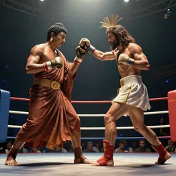 gautama buddha fighting with jesus christ in a boxing match, ultra detailed, hyper realistic, wide shot, by beksinski, giger, greg rutkowski, trending on artstation, deviantart, digital art, masterpiece, photorealism
