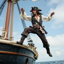action photography of a pirate jumping off the ship, Fast shutter speed, high speed, action photo, 1/1000 sec shutter