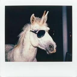 grainy head to shoulder portrait polaroid film photograph of a unicorn in a national state park wearing sunglasses. super resolution. surreal. extremely detailed. polaroid 6 0 0 film. by annie leibovitz and richard avedon