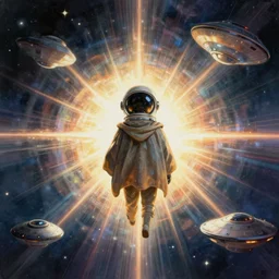 centered illustration of a person with a short cloak with an astronaut helmet traveling in a space ship, space, volumetric, ufo, sci fi, awesome scheme, art by jean giraud and moebius
