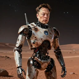 elon musk as a worn out robot on mars. dramatic night background, cinematic, by fantasy artist tiago da silva ( grafik )
