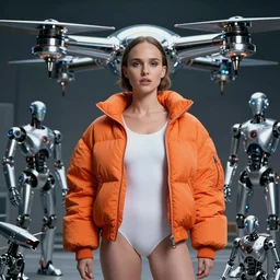 beautiful portrait, natalie portman, wearing oversized orange puffy bomber jacket and white leotard, futuristic chrome drones, ultra realistic, dramatic lighting, robots, the place beyond the pines artifacts, highly detailed by peter mohrbacher, wayne barlowe, boris vallejo, aaron horkey, gaston bussiere, craig mullins