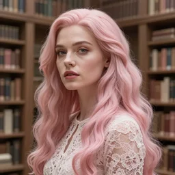 cinestill 5 0 d portrait of a dreamy beautiful woman britt marling 3 / 4 by roversi in a dystopian library, long hair, wearing lace, 8 k, elegant, highly detailed, pale pink matt, soft blur, artstation, sharp focus, head in focus,