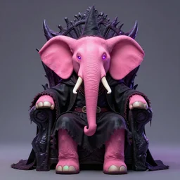 a photograph of a realistic antropomorphic pink elephant dressing necromancer clothes sited in a xenomorphic throne with glow neon eyes, in frame, finely detailed, 4 k, photorealistic, cycles engine,