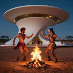 portrait of two ravers in friendly costumes with detailed faces, dancing around a fire, photorealistic, octane render, dancefloor kismet, diverse costumes, clean composition, desert transition area, bonfire, night, australian desert, zaha hadid, xf iq 4, symmetry, sony a 7 r, 1 5 0 mp, 5 0 mm