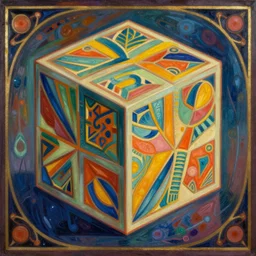 beautiful painting of companion cube, art nouveau. gaudy colors. intricate linework. sharp edges.