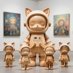 8 k octan, advertising, highly detailed, photo, a totally wooden figurine collection art toys wooden on feet, very cute astronaut zen with and flowers cat ears, cyberpunk a contemporary art gallery, symetrical, masterpiece, nofinito, design