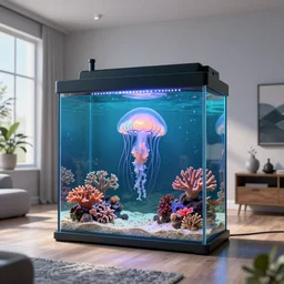 the realistic photo of the modern room as aquarium with a big neonic jellyfish and corals, under the ocean, realistic colors, realistic shadows, daylight made in blender, hd, 3 d by beeple and damian hirst