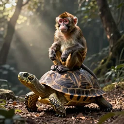a photograph of a monkey sitting on the back of a turtle