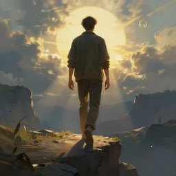 a person never to be seen again, walking at the edge of the brand new world, digital art, artstation, realistic, detailed