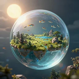 in a huge round luminous glass sphere, there are land, sun and fish swimming in the sky, background is a nepal, octane render, unreal engine