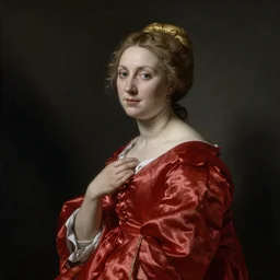 sublime portrait of a woman in a red satin dress, very pale, graceful, Vermeer, Bouguereau, Van Dyck, Ingres, Rubens, Carolus-Duran, strong dramatic cinematic lighting, 17th-century, extremely detailed, dark background