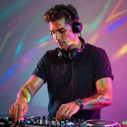 a photorealistic of james zabiela dj portrait colorful refractive octane render, 4K, dynamic light