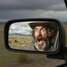 rear view mirror in bob ross screaming on bad acid trip