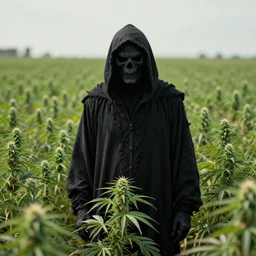 grim reaper standing in beautiful cannabis field, grainy, high detail, high resolution,