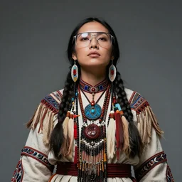 bust portrait of female iroquois warrior in space glasses, fashion editorial photography, waist up, low angle