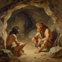 interior of a rich caveman cave, Stone Age, painted by Thomas Kinkade