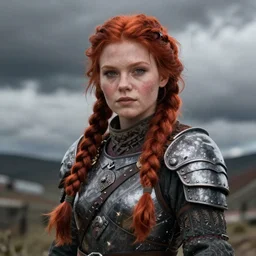 north female warrior, red hair, ginger hair, fantasy, high detailed, photography, cloudy, lightweight armour, Scandinavia, plain, detailed face, cute face, model, glowing skin, two large braids, professional photographer, masterpiece, 8k, 3D